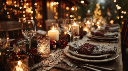 An inviting holiday table setting featuring elegant glassware, glowing candles, and rustic decor. A perfect winter gathering ambiance for friends and family.の素材
