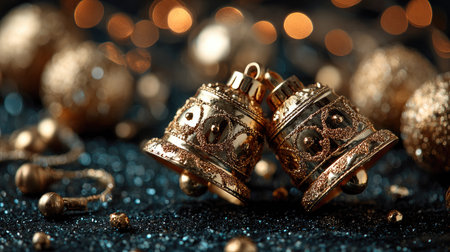 Two elegant golden Christmas bells create a warm and festive atmosphere, surrounded by sparkling ornaments and a soft bokeh background. Perfect for holiday themes.の素材