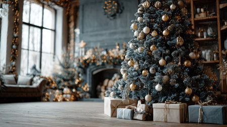 A beautifully decorated living room featuring a cozy Christmas tree adorned with gold and white ornaments, surrounded by wrapped gifts, creating a warm holiday atmosphere.の素材