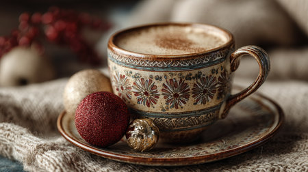 A beautifully crafted coffee cup rests on a plate, surrounded by sparkling Christmas ornaments. The cozy knit backdrop enhances the holiday spirit and warmth.の素材