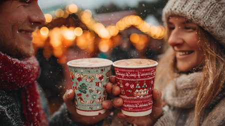 A joyful couple shares a special moment at a winter market, holding festive hot beverage cups amidst glowing lights and gentle snowflakes.の素材