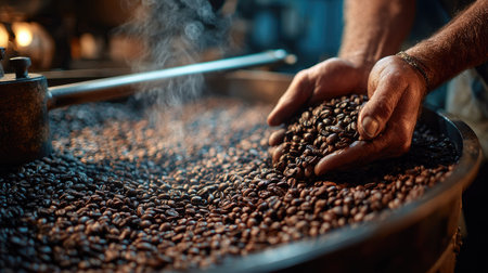 Two hands gently hold freshly roasted coffee beans, showcasing the rich texture and aroma in an artisan roasting workshop, emphasizing quality and craft.の素材
