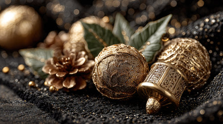This stunning image features elegant golden Christmas ornaments nestled among green leaves on a rich black textile backdrop, perfect for holiday decoration ideas.の素材
