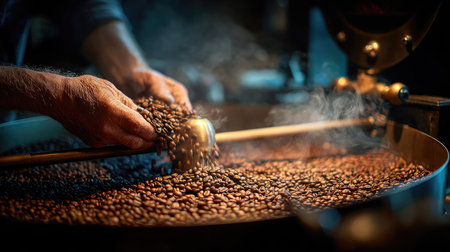 Hands gently handle freshly roasted coffee beans in a workshop, showcasing the craft of coffee roasting with aromatic steam in a warm atmosphere.の素材
