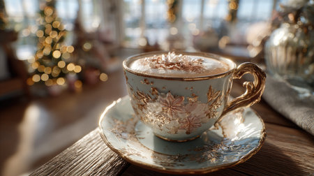 A beautifully crafted teacup filled with coffee adorned with cream, placed on an intricate saucer, set against a festive backdrop, radiating warmth and holiday cheer.の素材