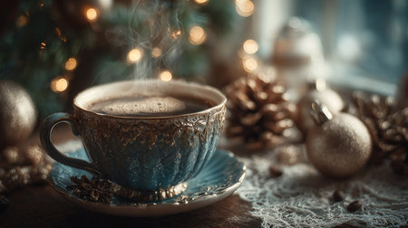 A beautifully crafted porcelain cup of hot coffee emits steam, set against a backdrop of holiday decor including pinecones and glowing lights.の素材