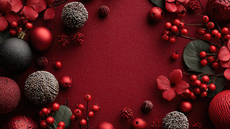 A striking red holiday decoration frame featuring a mix of ornaments, berries, and leaves, perfect for festive celebrations and seasonal greetings.の素材