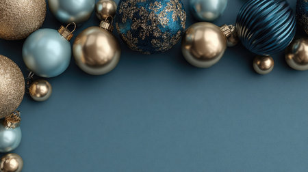 A beautiful arrangement of holiday ornaments in blue and gold tones, set against a soft blue background, perfect for festive decor inspiration.の素材