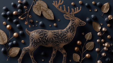 This artistic composition features a stylized golden reindeer amidst lush leaves and berries on a dark surface, perfect for holiday themes.の素材