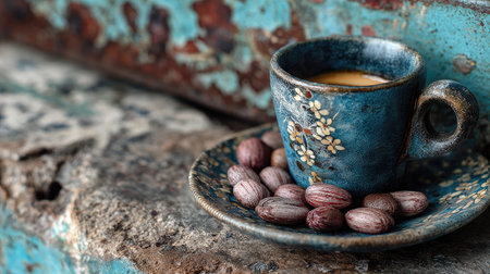 A beautiful blue coffee cup holds rich espresso, positioned on a decorative plate with elegant beans, creating a warm and inviting still life scene.の素材
