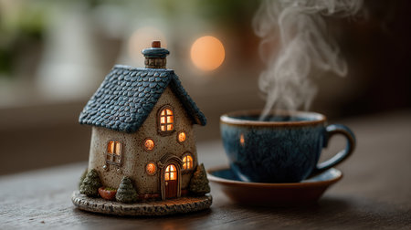 A charming miniature house with glowing windows stands beside a steaming cup of coffee on a rustic wooden table, evoking warmth and comfort.の素材