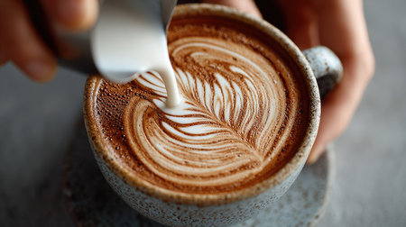 A skilled barista hand pours steamed milk into a cup of coffee, creating intricate latte art. The rich brown tones and swirling patterns evoke warmth and comfort.の素材