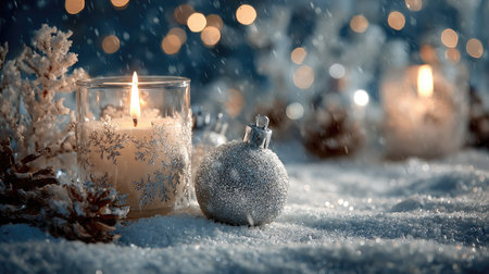 A serene winter scene featuring a glowing candle and a glittering ornament nestled in soft snow, creating a warm, festive atmosphere perfect for the holiday season.の素材