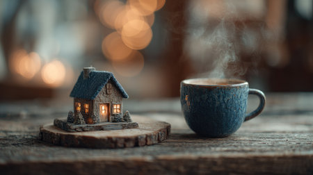 A serene scene featuring a miniature house beside a steaming cup on a rustic wooden surface, evoking feelings of warmth and comfort, perfect for seasonal themes.の素材