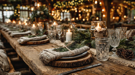 A beautifully decorated holiday dining table featuring natural elements, warm candles, and soft lighting, perfect for festive gatherings and celebrations.の素材
