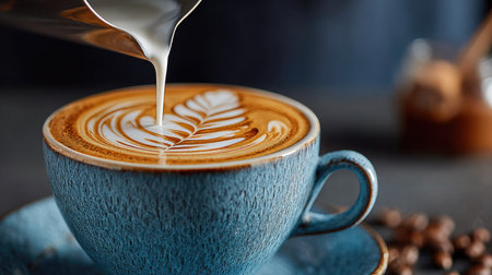 A stunning image of creamy milk artfully pouring into a blue coffee cup, showcasing a detailed latte design, perfect for coffee enthusiasts and cafes.の素材