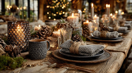 This cozy table setting features warm candles, pinecones, and elegant decorations, creating a festive atmosphere for holiday gatherings. Perfect for winter celebrations.の素材