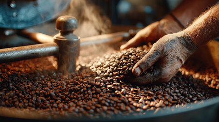 A captivating close-up of hands carefully selecting roasted coffee beans in a steam-filled roasting machine, showcasing the intricate process and artisanal craft behind coffee production.の素材