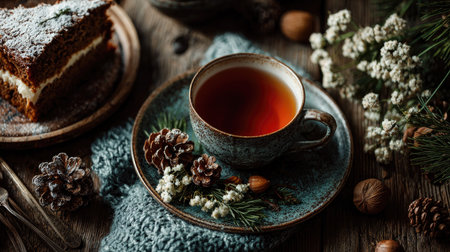 Experience the warmth of a cozy winter moment with a steaming cup of herbal tea beside a delicious cake slice, enhanced by natural decor.の素材