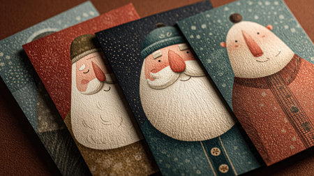 This collection features whimsical holiday greeting cards adorned with joyful Santa characters in a charming winter setting, perfect for spreading festive cheer.の素材