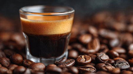 A close-up view of a freshly brewed espresso shot in a glass, surrounded by aromatic roasted coffee beans. Perfect for coffee lovers and culinary enthusiasts.の素材