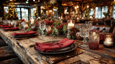A beautifully arranged Christmas dinner table featuring rustic wooden elements, elegant glassware, and festive decorations, creating a warm and inviting atmosphere for holiday gatherings.の素材