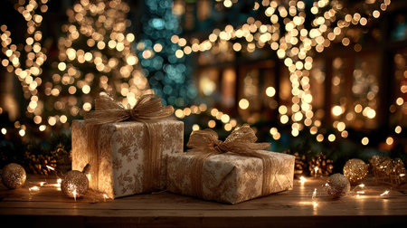 Two beautifully wrapped gift boxes with golden ribbons rest on a wooden table, surrounded by soft lights and a festive ambiance, perfect for the holiday season.の素材