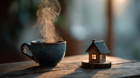 A serene tabletop scene featuring a steaming cup of coffee beside a charming miniature house, all bathed in warm, natural light, evoking comfort and tranquility.の素材