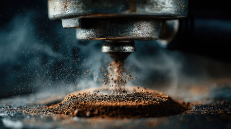 This close-up image showcases the intricate process of coffee ground extraction, capturing steam and rich textures to highlight the beauty of brewing.の素材