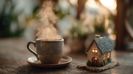 A cozy coffee cup emits steam next to a charming miniature house, creating a warm atmosphere perfect for relaxation and comfort in a home setting.の素材