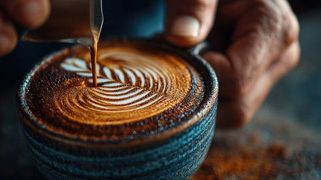 This captivating image showcases a skilled barista pouring latte art into a cup, highlighting intricate designs created with milk and coffee.の素材