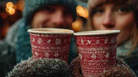 A charming couple enjoys warm holiday beverages in red cups amidst a snowy winter setting. Soft bokeh lights create a magical atmosphere, perfect for celebrating together.の素材
