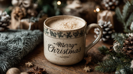 This charming image features a cozy mug of spiced beverage on a rustic wooden surface. Surrounded by holiday decorations, it captures the warmth of Christmas, perfect for festive atmospheres.の素材