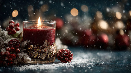A beautifully lit red candle surrounded by festive decorations, snowflakes, and holiday ornaments creates a warm ambiance perfect for winter celebrations.の素材