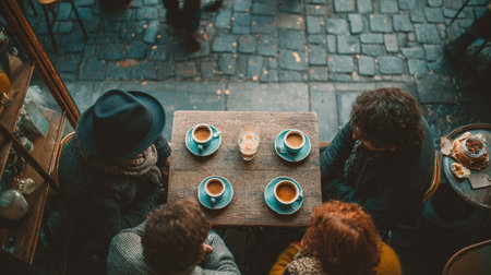 A cozy cafe scene featuring friends gathered around a wooden table with coffee cups and pastries, set against a charming cobblestone street, evoking warmth and connection.の素材