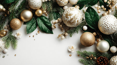 A stunning display of elegant gold and white Christmas ornaments nestled among lush greenery on a bright white background, perfect for holiday aesthetics.の素材