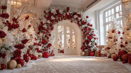This stunning arrangement features elegant red and white flowers along with Christmas trees adorned with decorations, creating a luxurious indoor holiday atmosphere.の素材