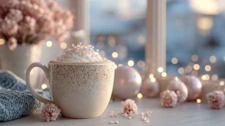 A delightful cup of hot chocolate topped with cream and colorful sprinkles sits next to flowers and shimmering ornaments, evoking a warm holiday vibe.の素材