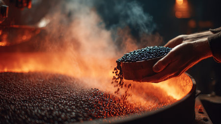 An artisan pours freshly roasted coffee beans into a wooden bowl, surrounded by glowing embers and swirling smoke, capturing the essence of coffee production.の素材