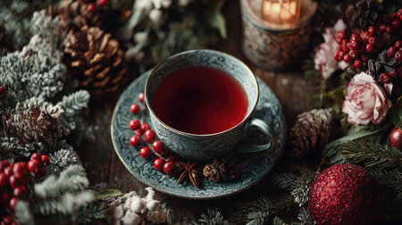 A warm and inviting scene featuring a beautifully crafted cup of herbal tea, surrounded by festive decorations and natural elements for winter ambiance.の素材