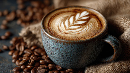 A stunning close-up of latte art in a textured cup surrounded by roasted coffee beans, showcasing warmth and comfort in a rustic setting.の素材