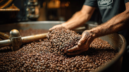 A skilled barista showcases his artistry by carefully handling fresh coffee beans in a copper roasting drum, highlighting the rich textures and aromas of the roasting process.の素材