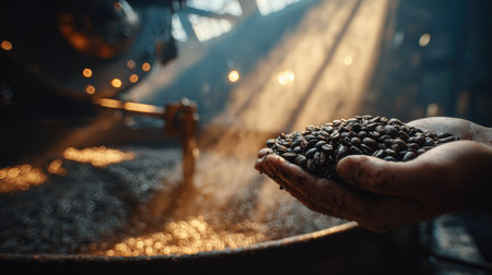 A close-up image showcasing a hand holding freshly roasted coffee beans, illuminated by warm ambient light in a coffee roasting facility, evoking warmth and craftsmanship.の素材