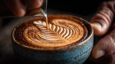 A stunning close-up of a barista expertly pouring creamy milk into a cup of coffee, creating an intricate latte art design that showcases skill and creativity.の素材