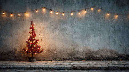 A charming red Christmas tree adorned with warm lights stands against a textured rustic wall, creating a cozy winter atmosphere perfect for holiday celebrations.の素材