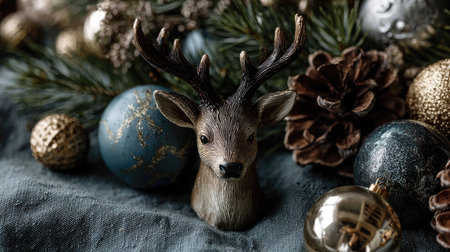 This charming image showcases a decorative deer head amidst a variety of elegant Christmas ornaments and pine elements, creating a cozy holiday atmosphere.の素材