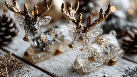 The image features two elegant glass reindeer figurines with golden antlers, placed on a rustic wooden surface. Ideal for holiday decor, these sparkling pieces enhance the festive ambiance of any setting.の素材
