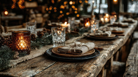 A beautifully arranged rustic holiday table setting featuring candles, pine branches, and elegant dinnerware, creating a warm atmosphere for winter gatherings.の素材
