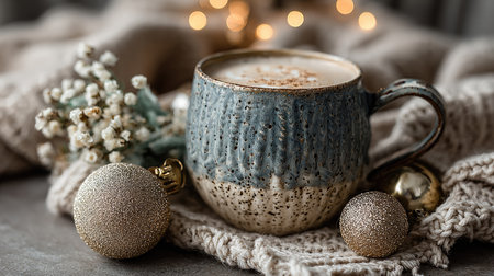 This warm and inviting image showcases a cozy cup of coffee surrounded by decorative elements and soft textiles, perfect for winter relaxation.の素材