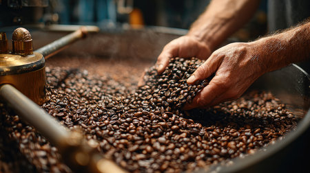 A detailed view of hands holding roasted coffee beans, showcasing the roasting process in a rustic coffee roastery filled with rich aromas.の素材